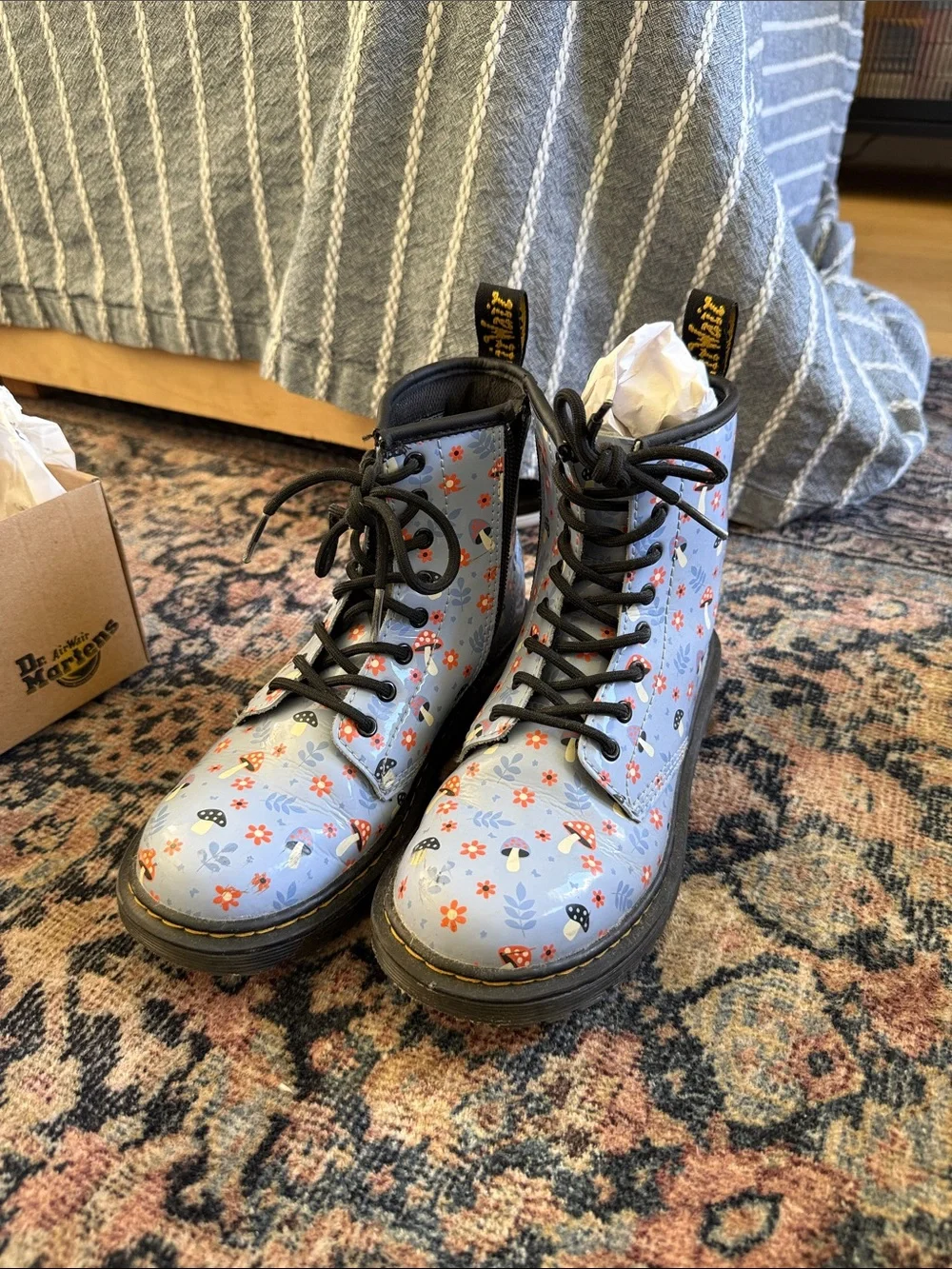 Dr. Martens Kids Light Blue Floral & Mushroom Combat Boots
